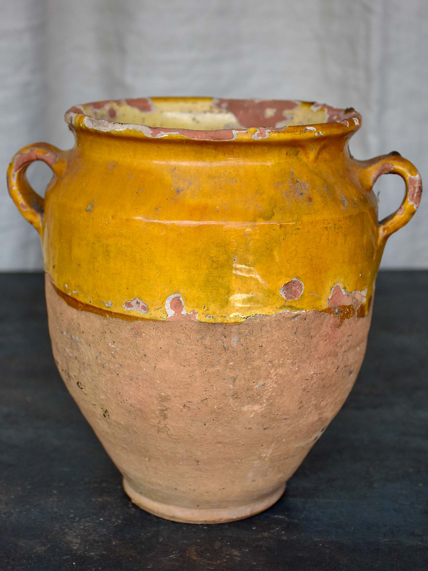 19th Century French confit pot with half yellow glaze 9 ¼''