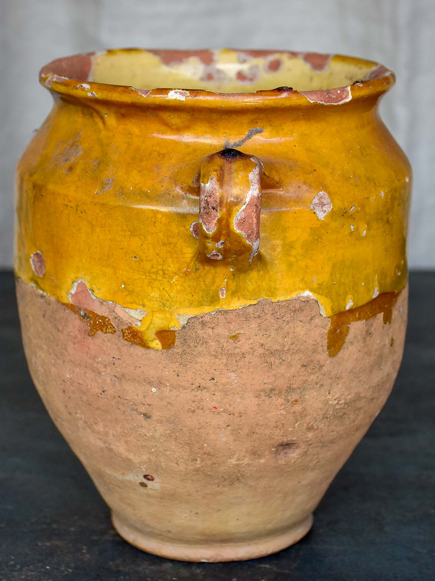 19th Century French confit pot with half yellow glaze 9 ¼''