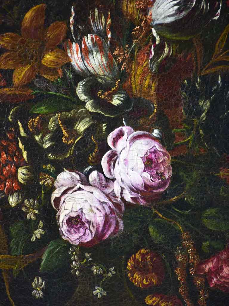 19th century floral still life beetle, fly, luminous peonies & tulips. Oil on canvas 20½ x "25½"