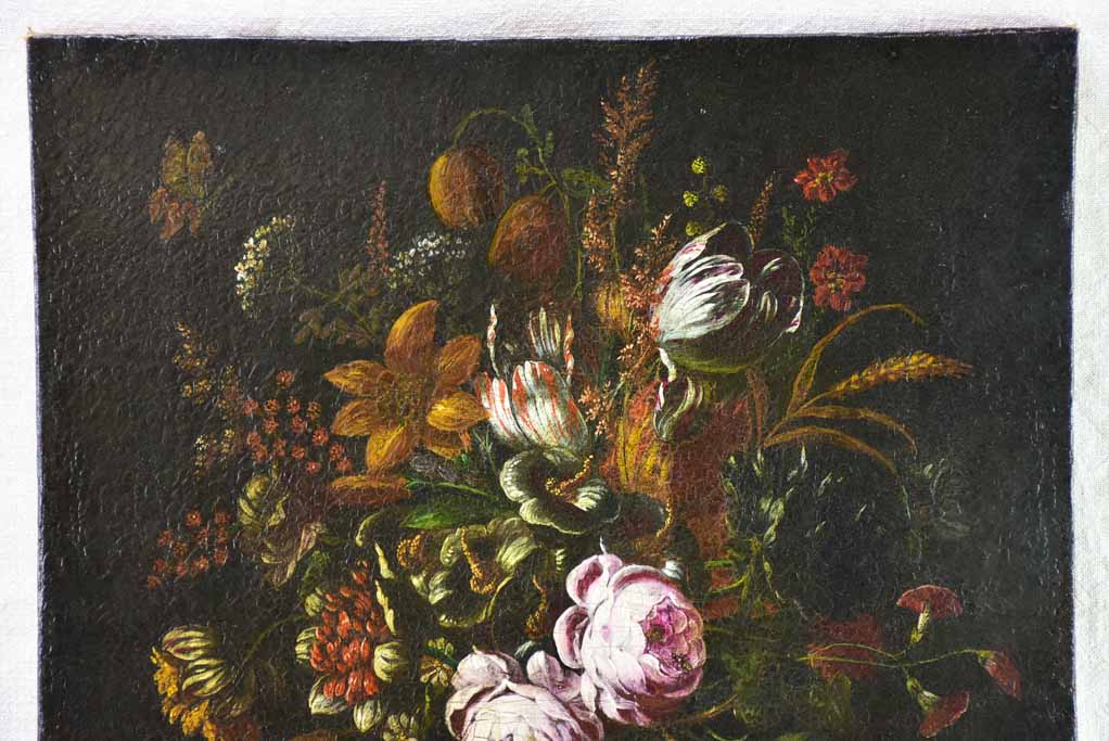 19th century floral still life beetle, fly, luminous peonies & tulips. Oil on canvas 20½ x "25½"