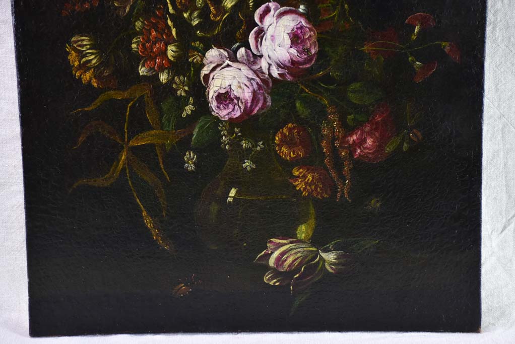 19th century floral still life beetle, fly, luminous peonies & tulips. Oil on canvas 20½ x "25½"