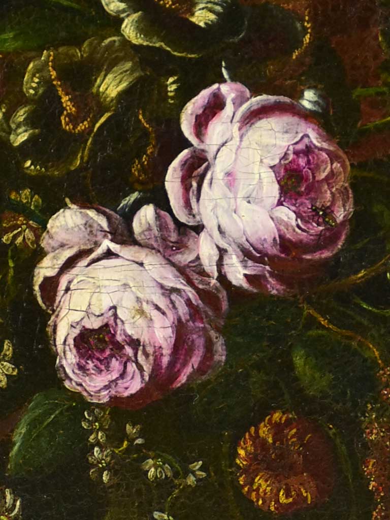 19th century floral still life beetle, fly, luminous peonies & tulips. Oil on canvas 20½ x "25½"