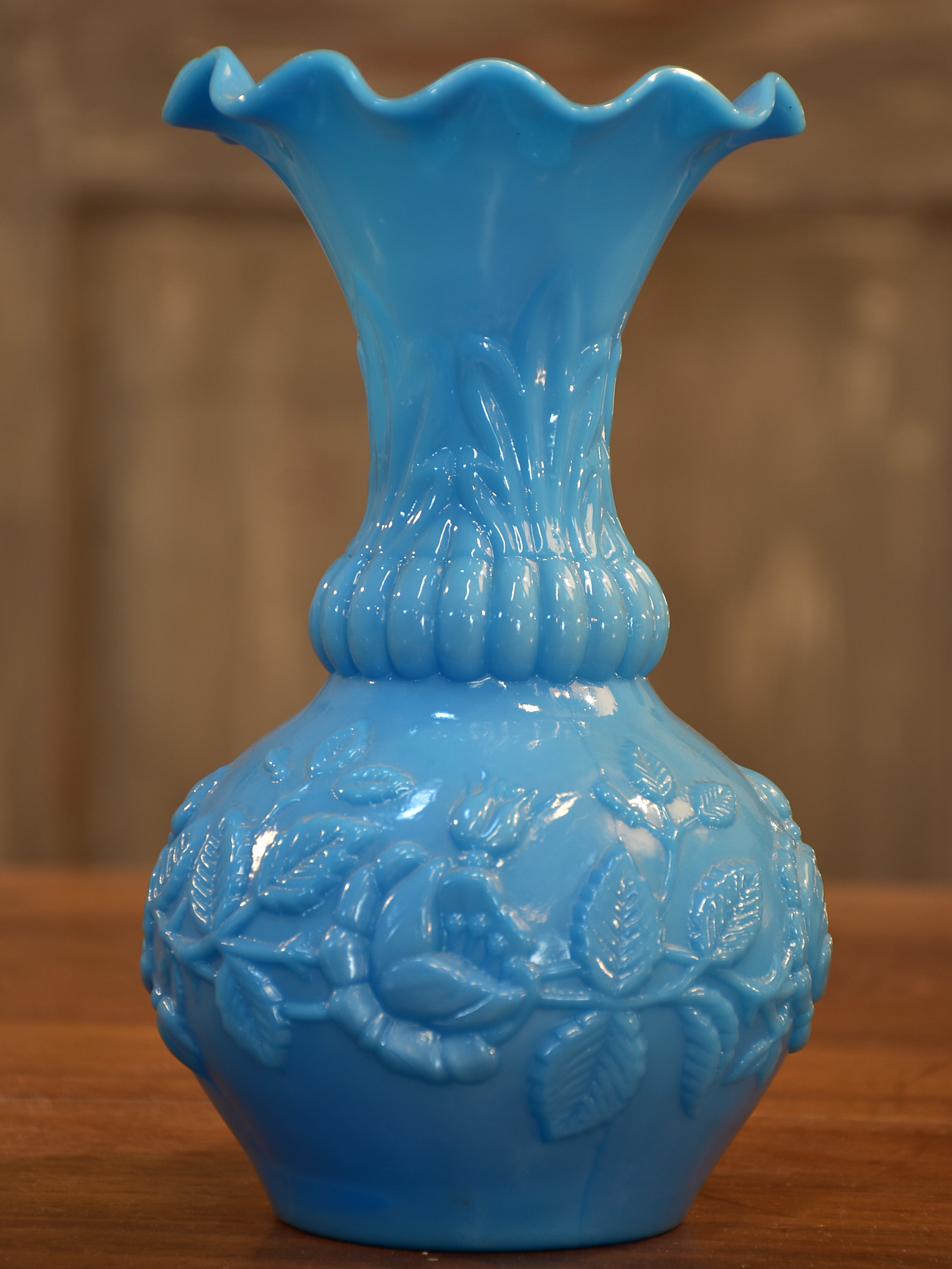 Antique French blue opaline vase - sky blue milk glass