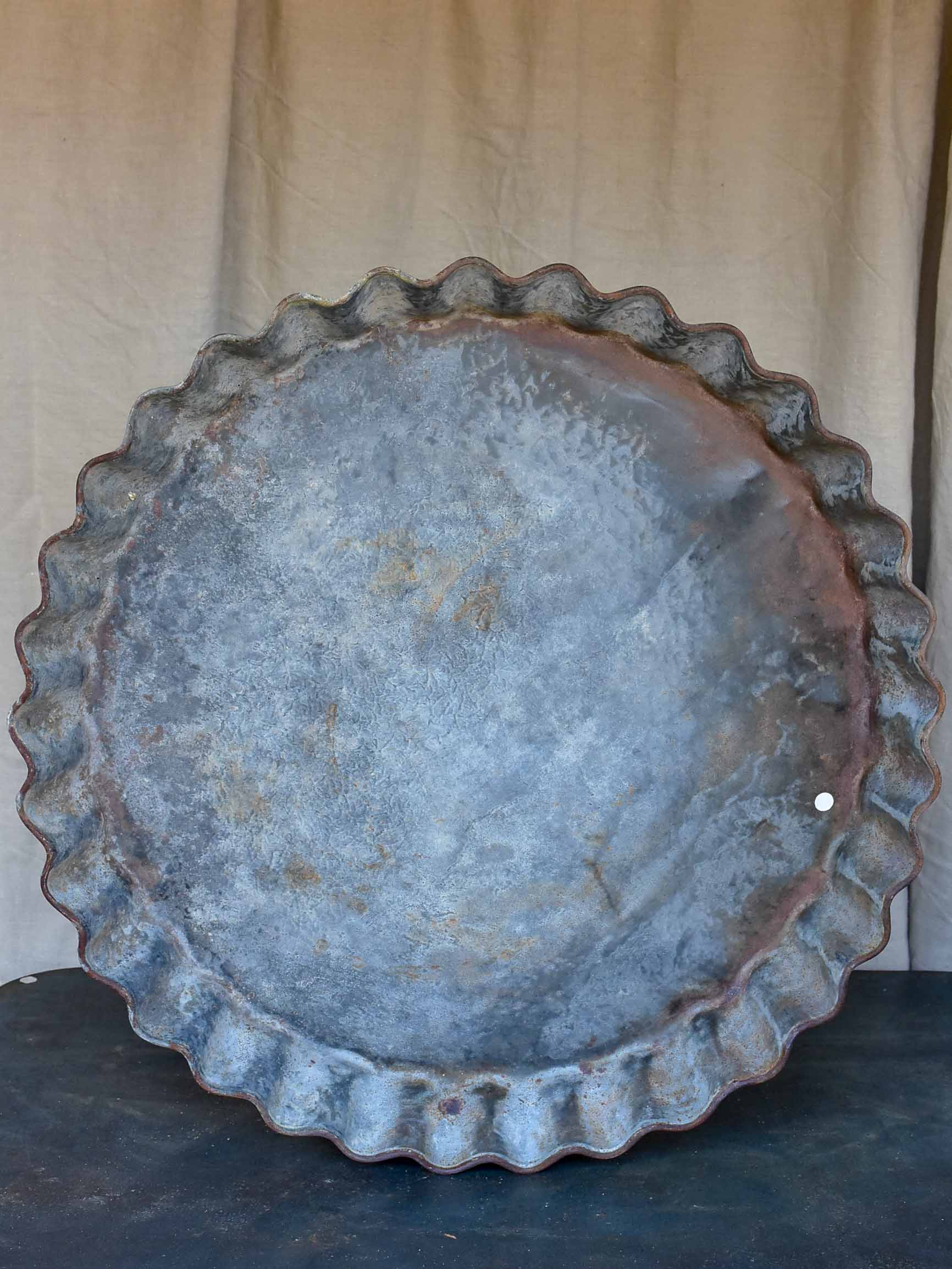 Large antique French zinc dish with rippled edge for harvesting resin