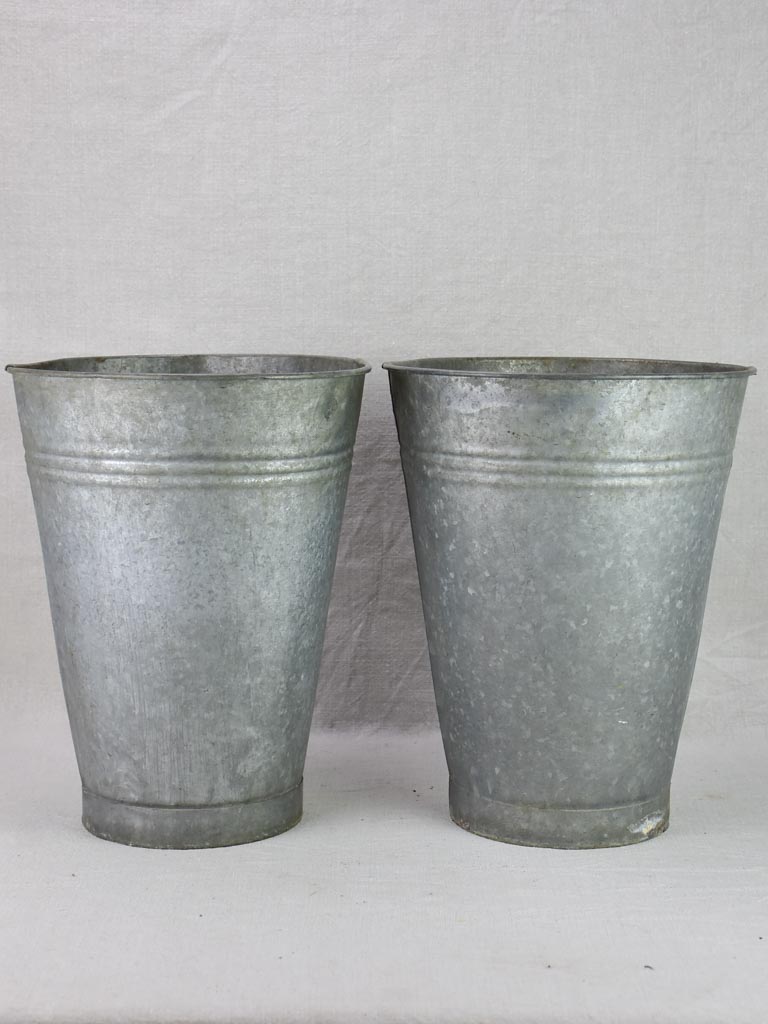 Two vintage zinc florist vases - large & watertight 14¼"