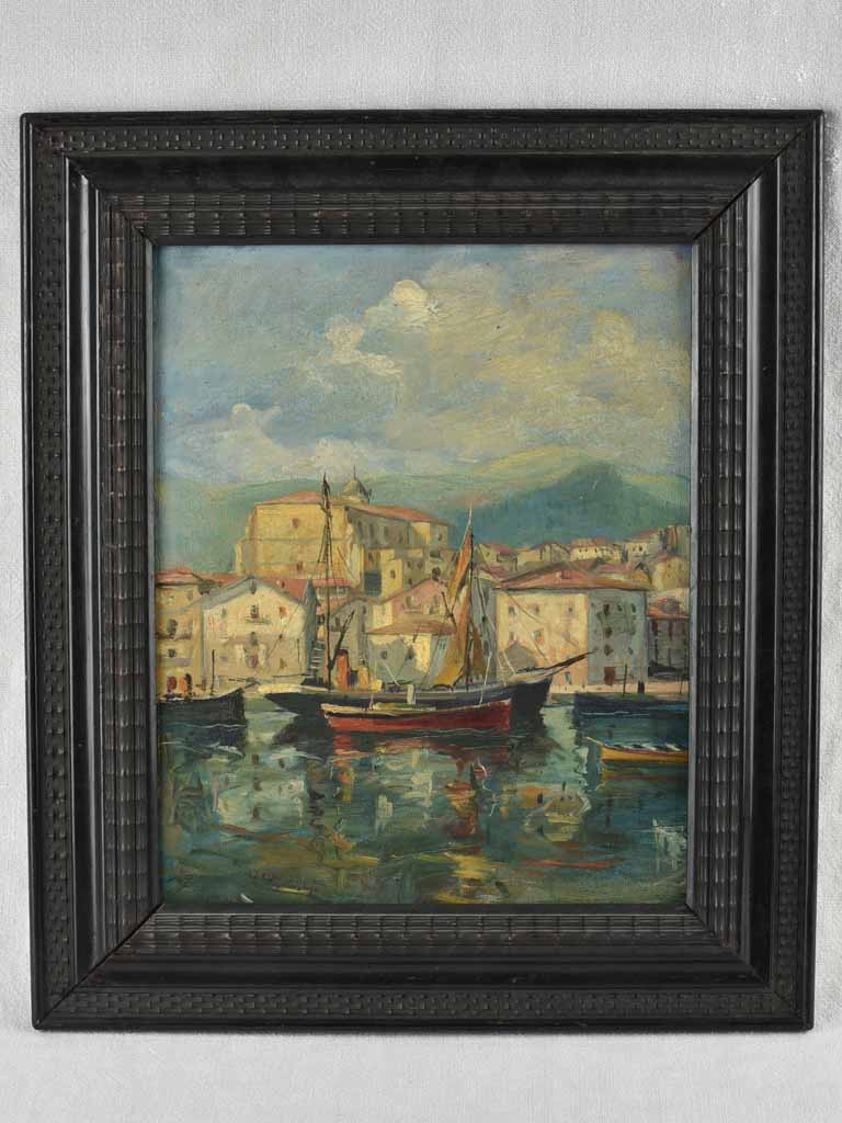 Antique Mediterranean Olio Canvas Marine Painting