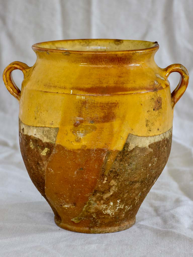 Rustic 19th Century French confit pot with yellow / orange glaze