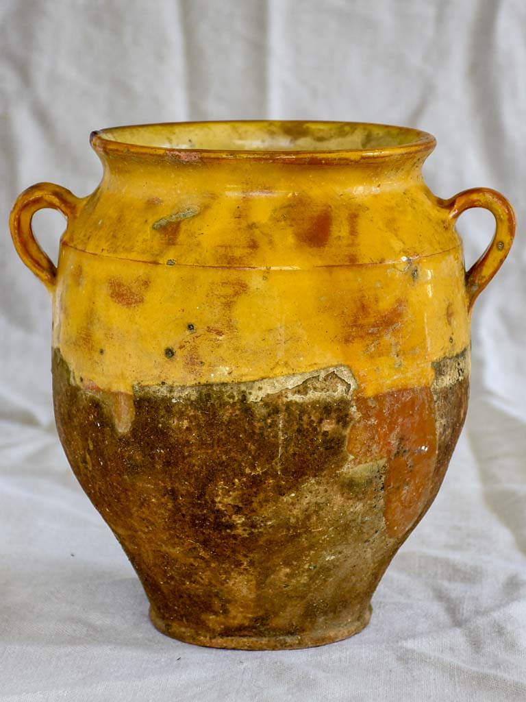 Rustic 19th Century French confit pot with yellow / orange glaze