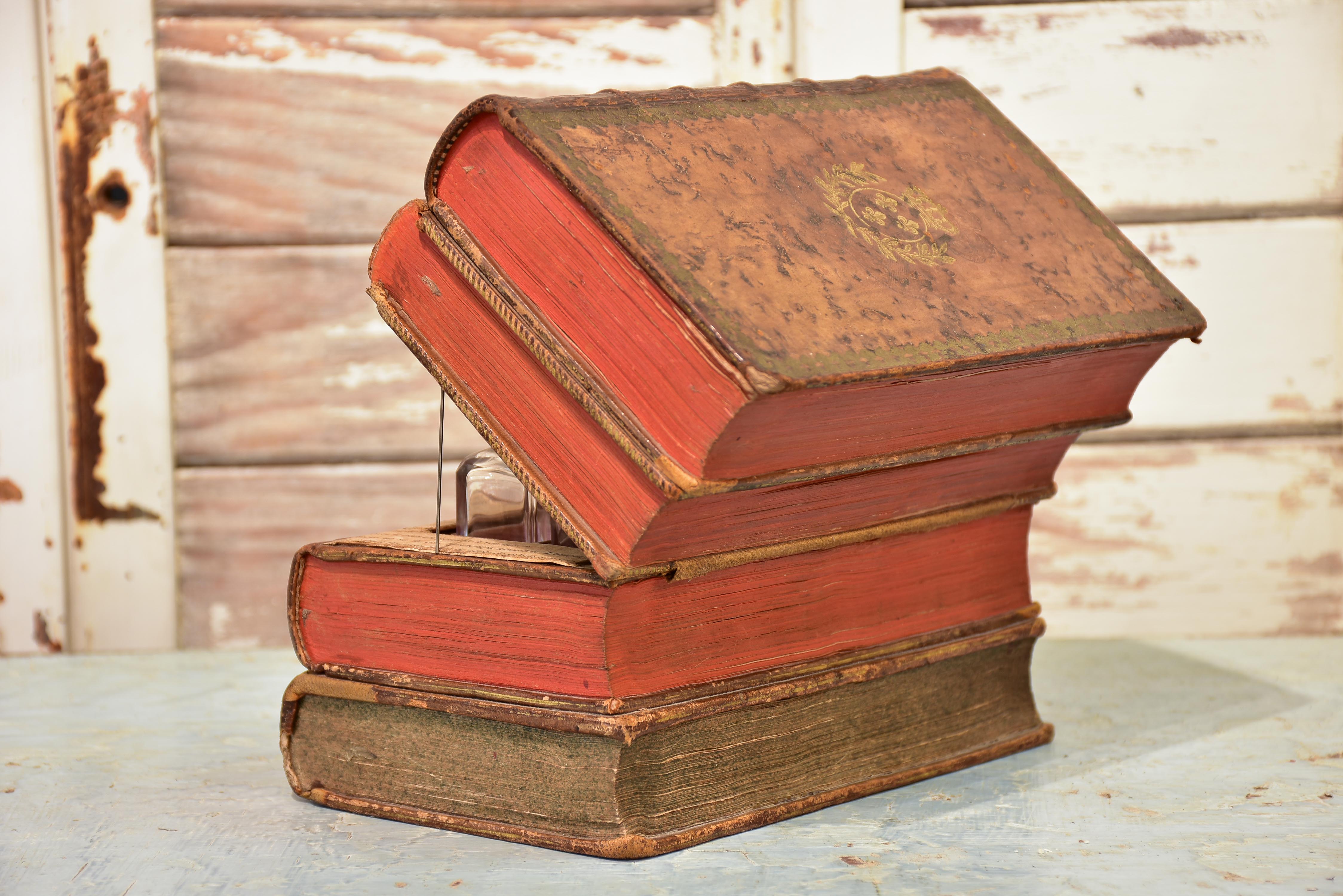 Antique French secret storage box with six perfume flasks