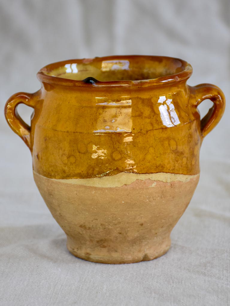 Very small antique French confit pot with orange glaze 5"