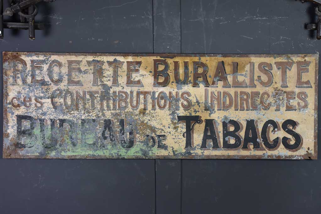 Early 20th century French sign from a Tobacco shop "Recette buraliste" 20" x 59"