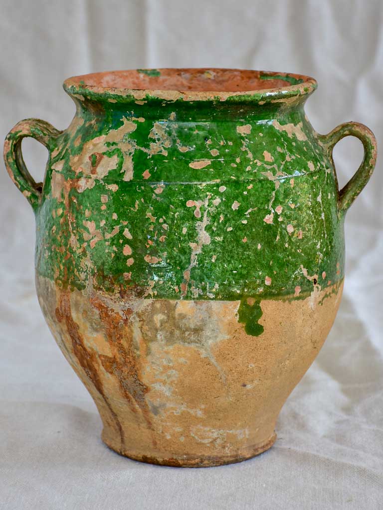 Rustic antique French confit pot with dark green glaze 10¼"