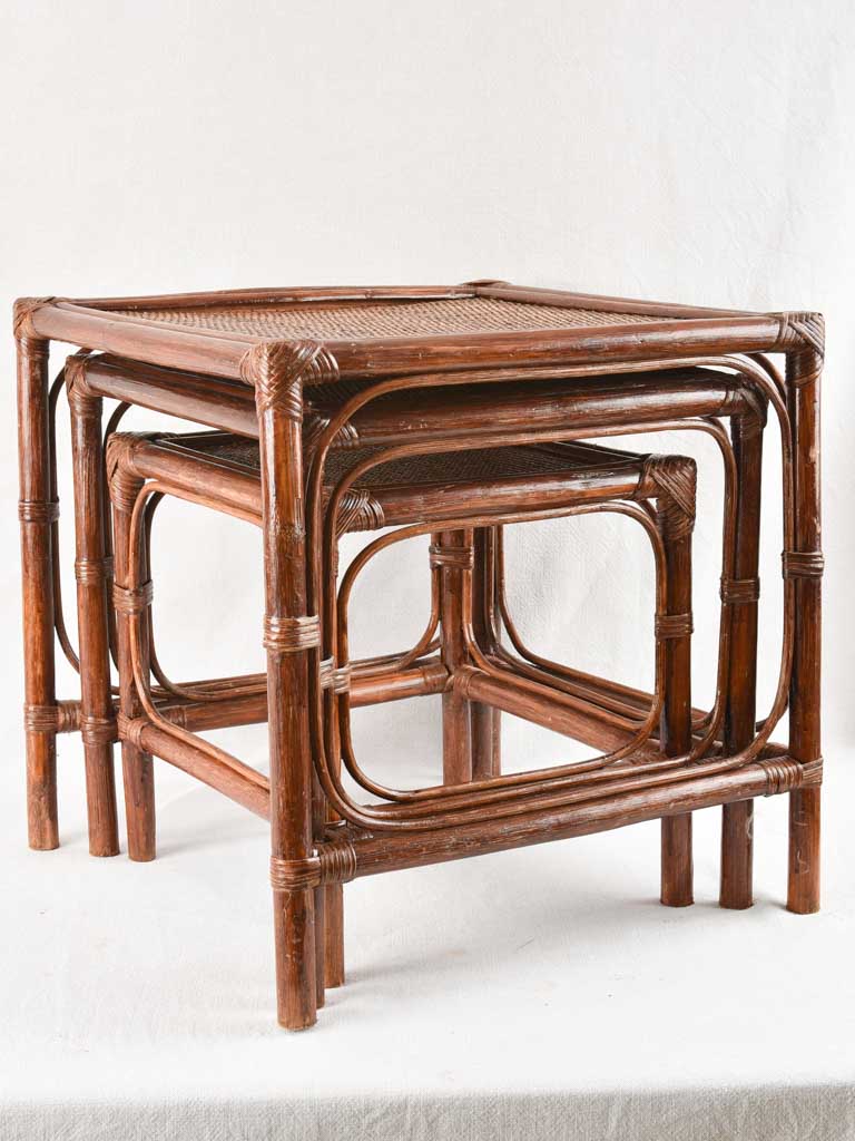 3 vintage bamboo and rattan nesting tables 20½"