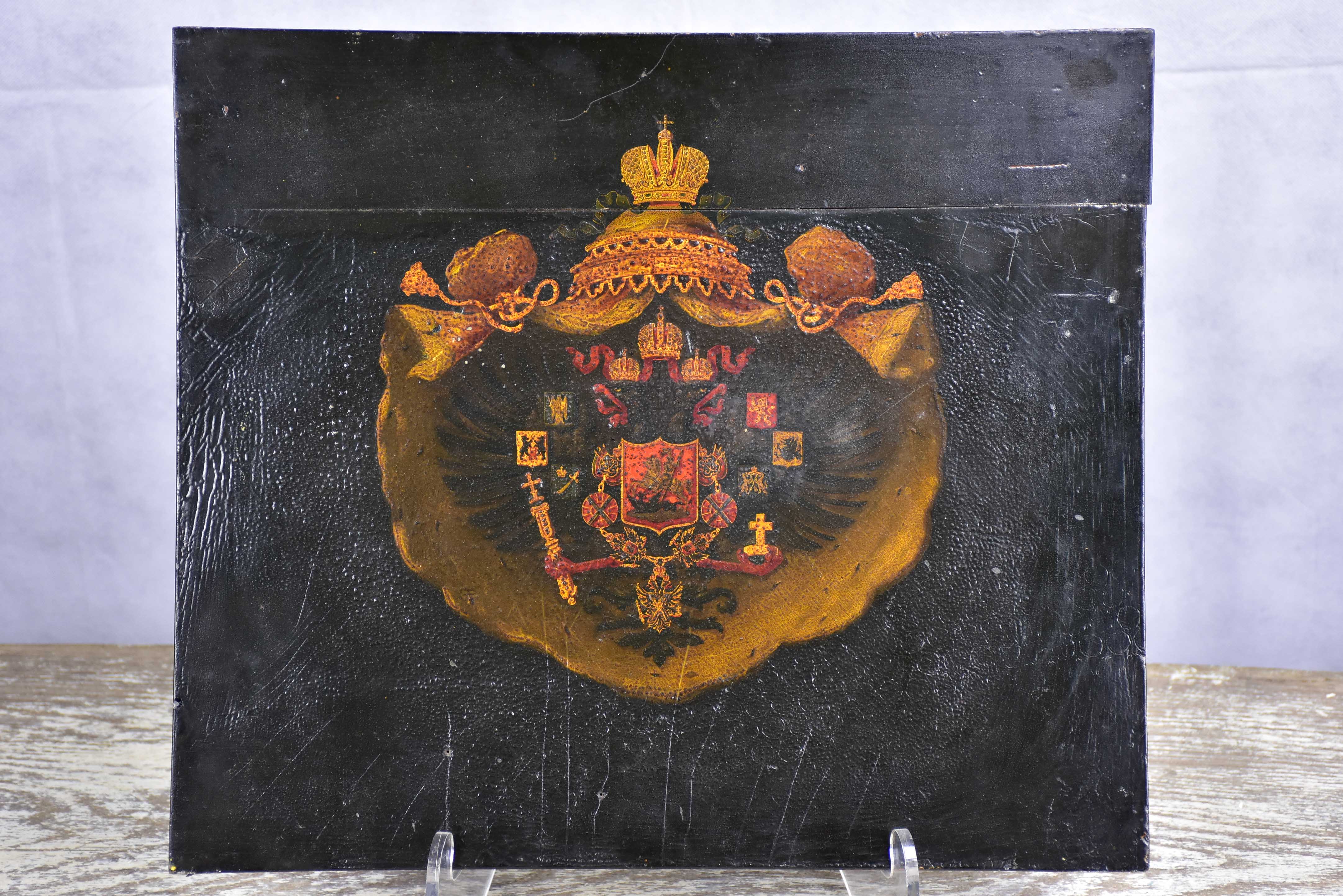 Antique coat of arms - oil on wood 16 ¾'' x 14 ¼''