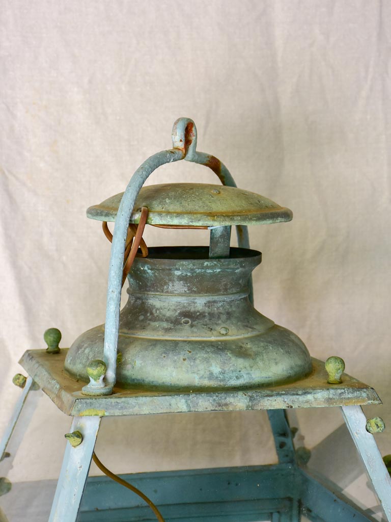 Pair of large 19th Century French lanterns with original glass and blue patina