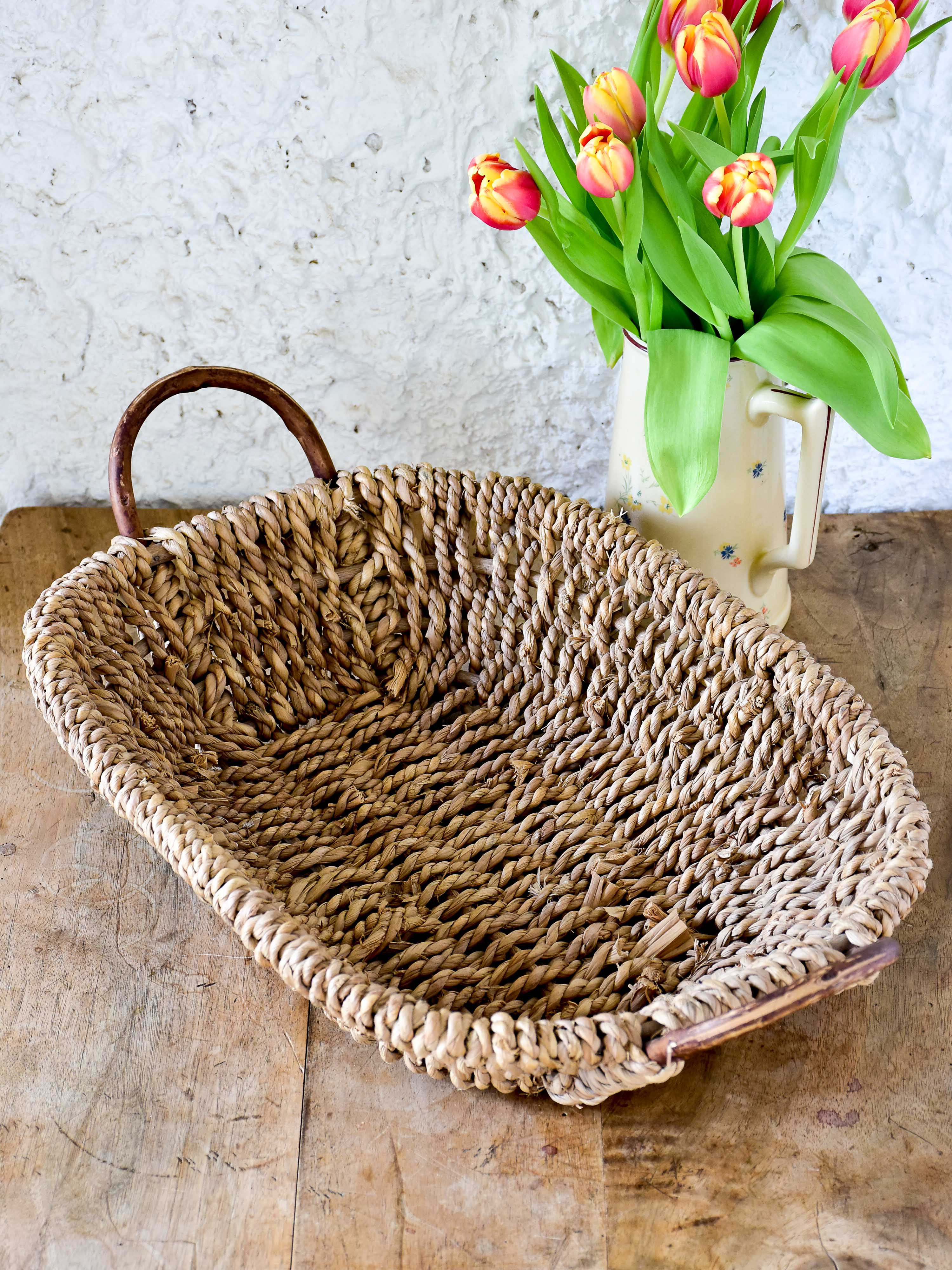 Woven French basket tray with cane handles