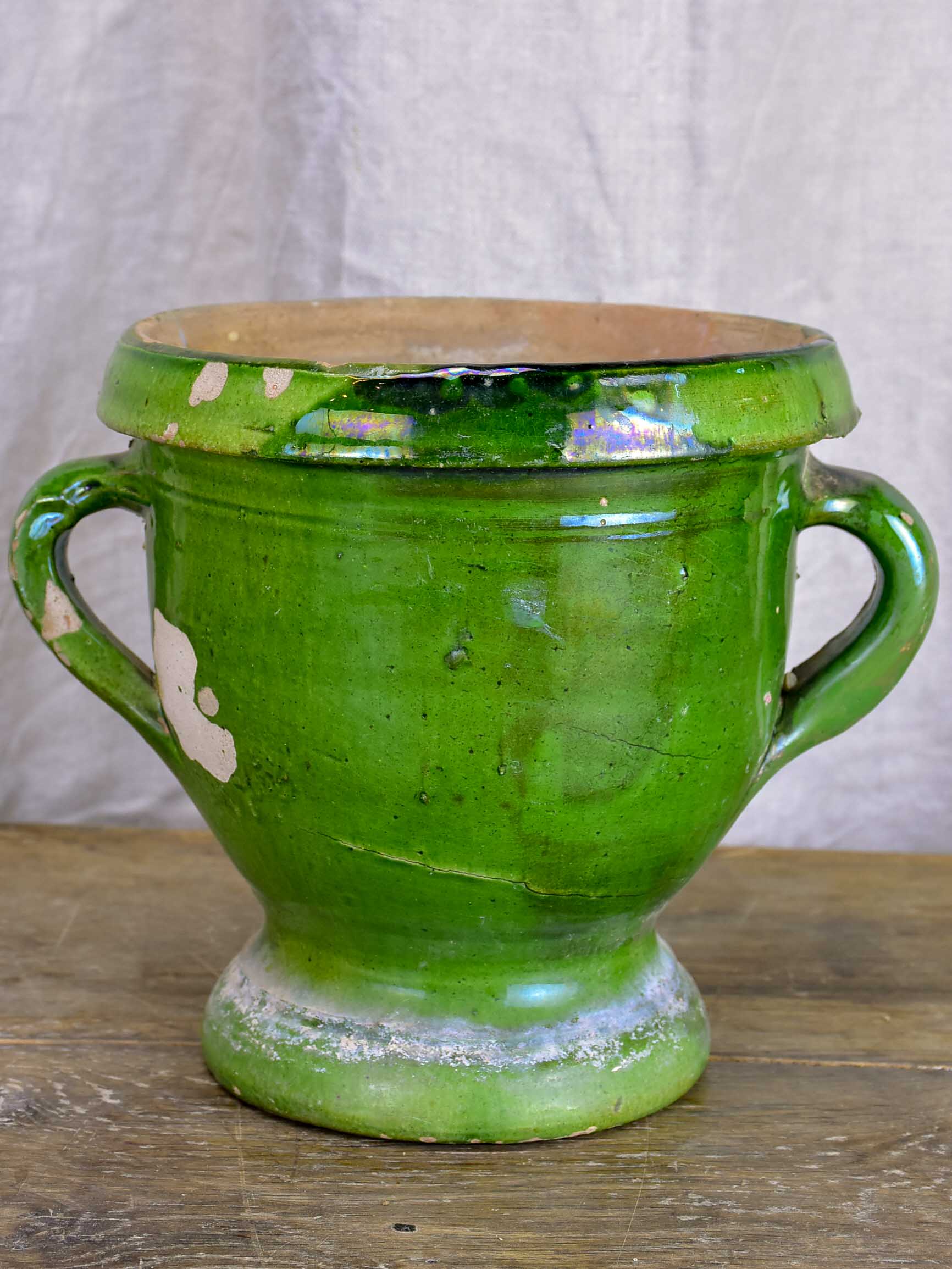 Antique French garden planter with green glaze