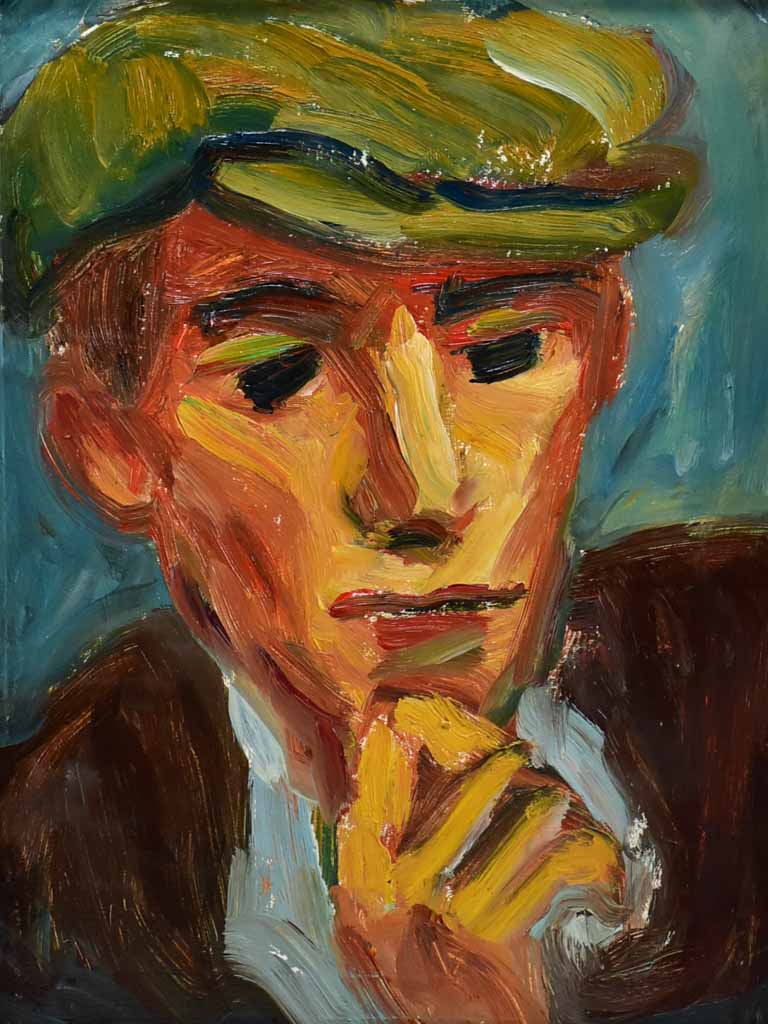 20th Century oil on board - Portrait of a man in a hat - Anna Costa 13½" x 16¼"