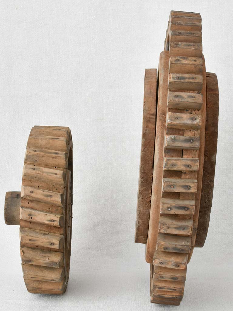 2 antique wooden cogwheels 9¾" & 16½"