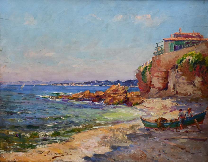 1940's seascape Marseille - oil on board - Jules Brunetaut 17" x 20"