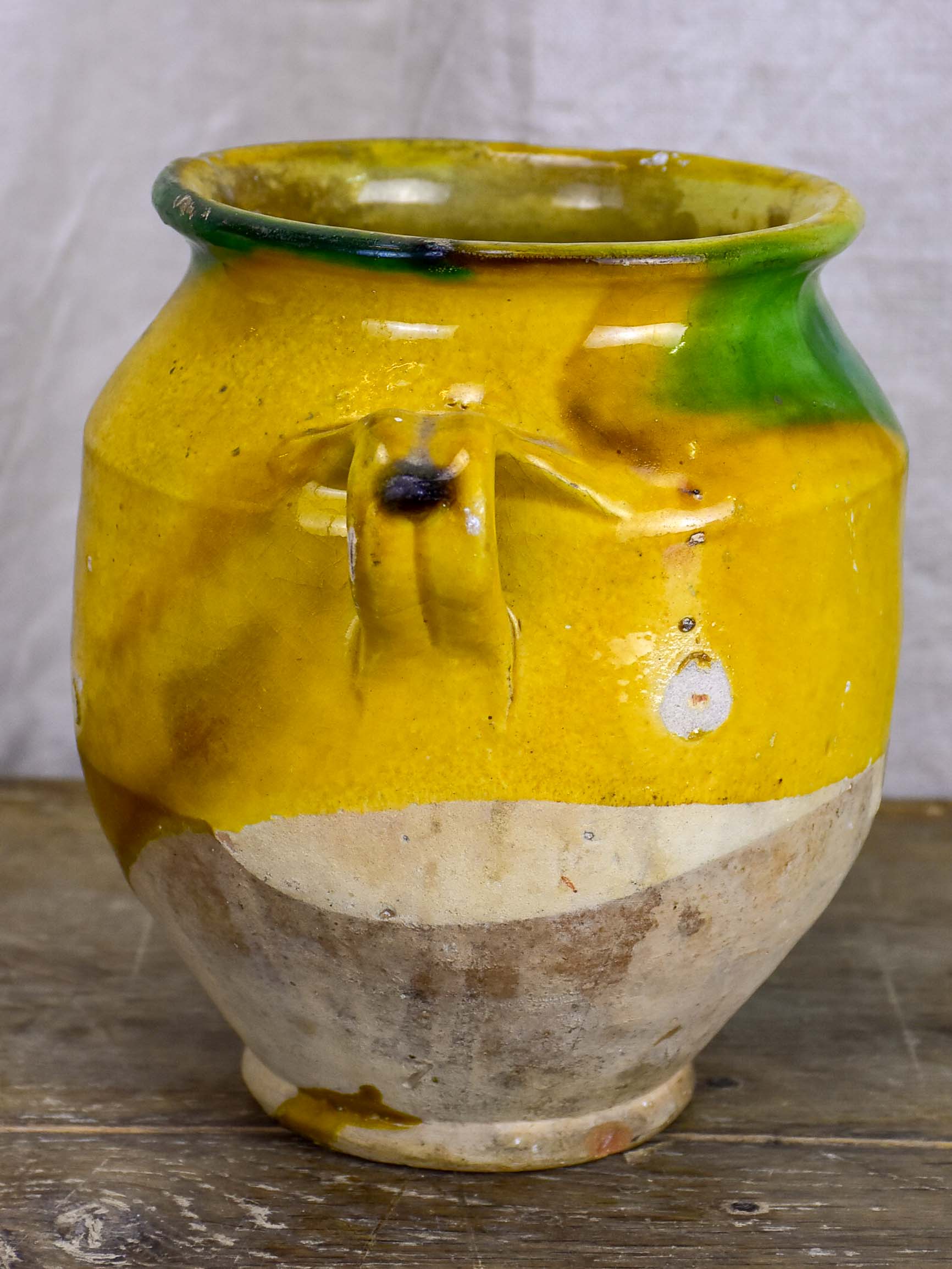 Small antique French preserving pot with yellow and green glaze 7 ½''