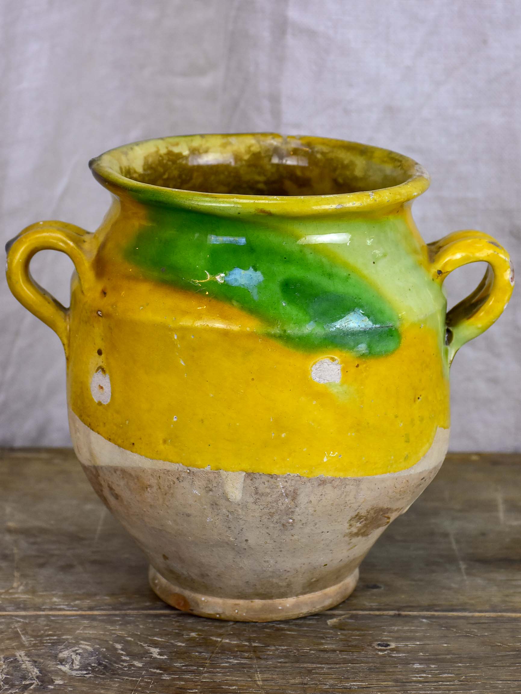 Small antique French preserving pot with yellow and green glaze 7 ½''