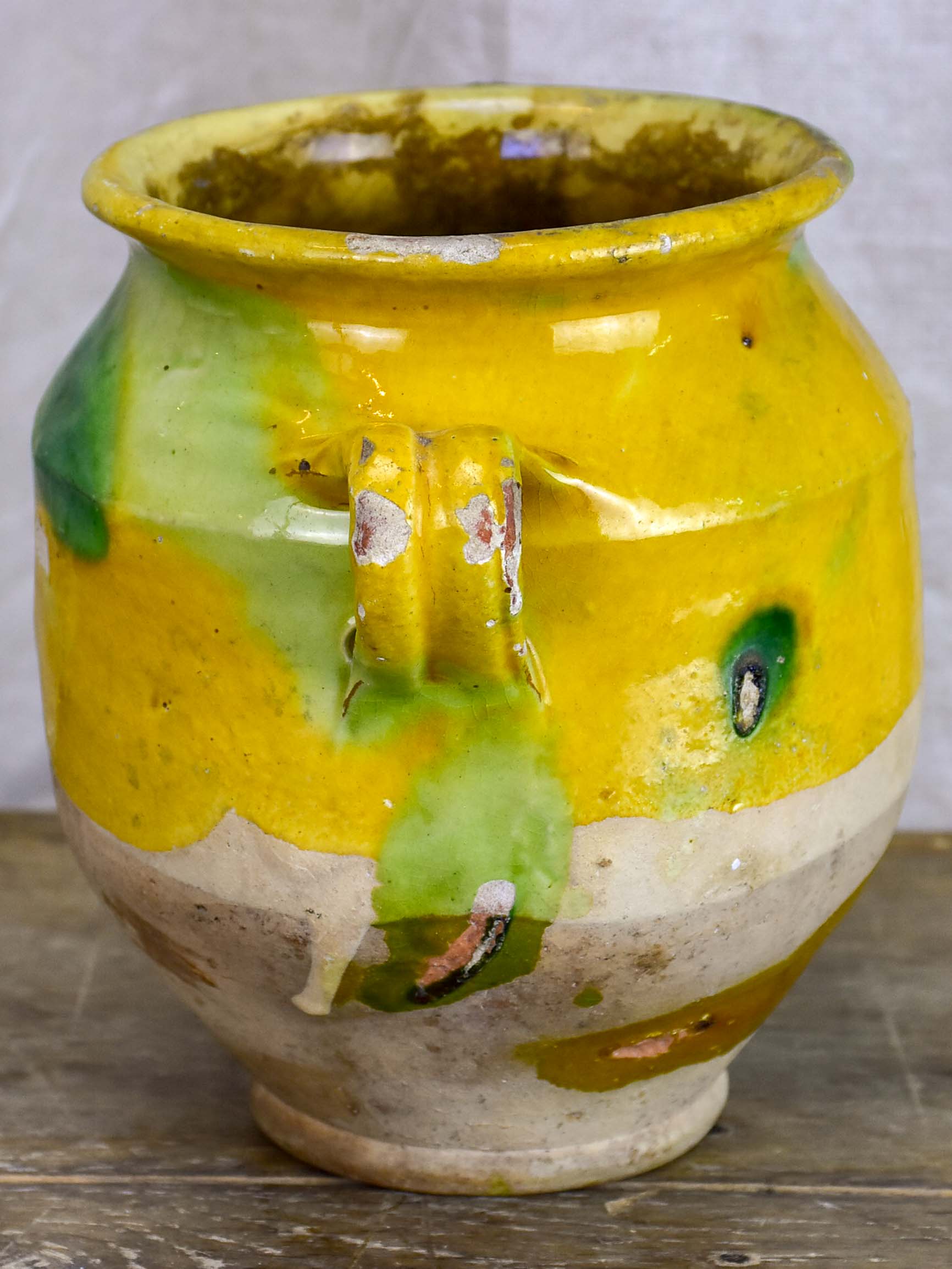 Small antique French preserving pot with yellow and green glaze 7 ½''