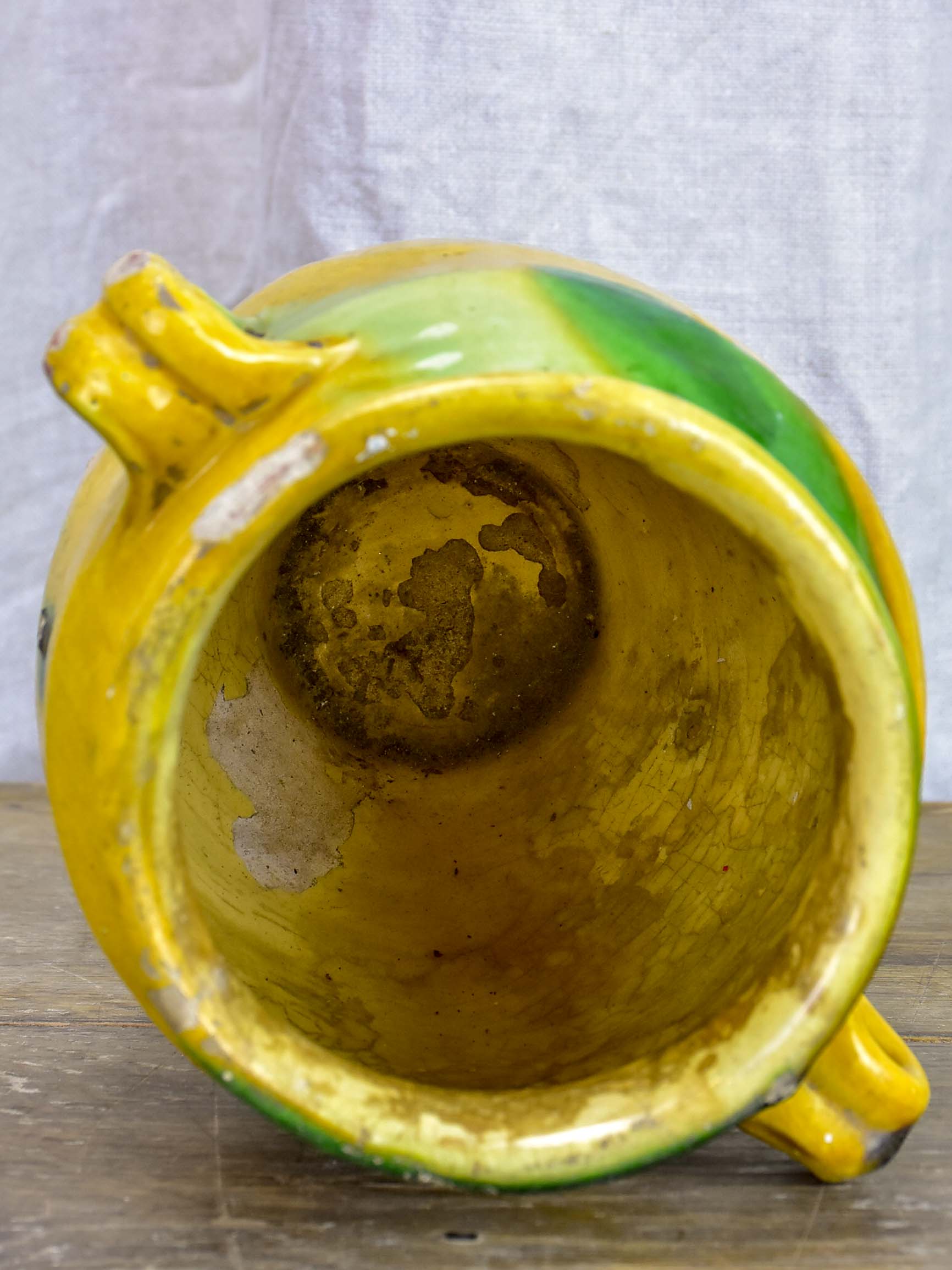 Small antique French preserving pot with yellow and green glaze 7 ½''