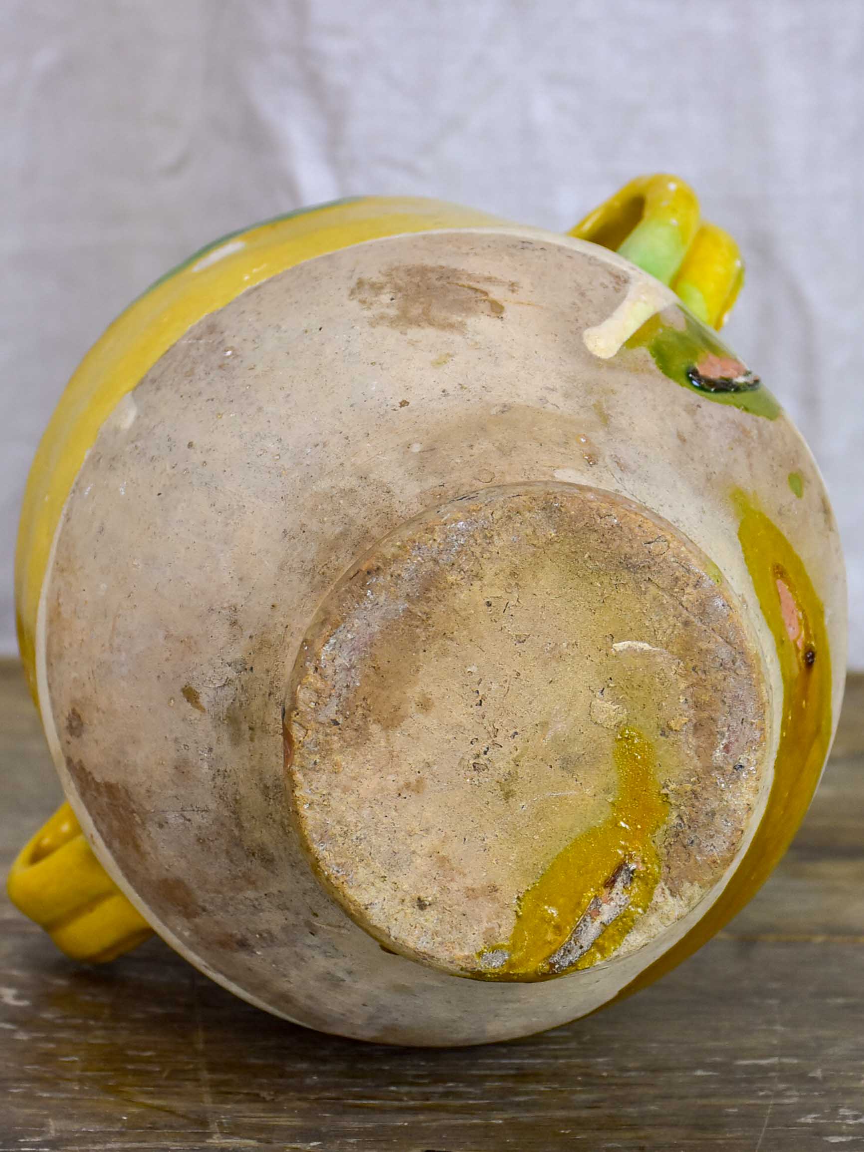 Small antique French preserving pot with yellow and green glaze 7 ½''