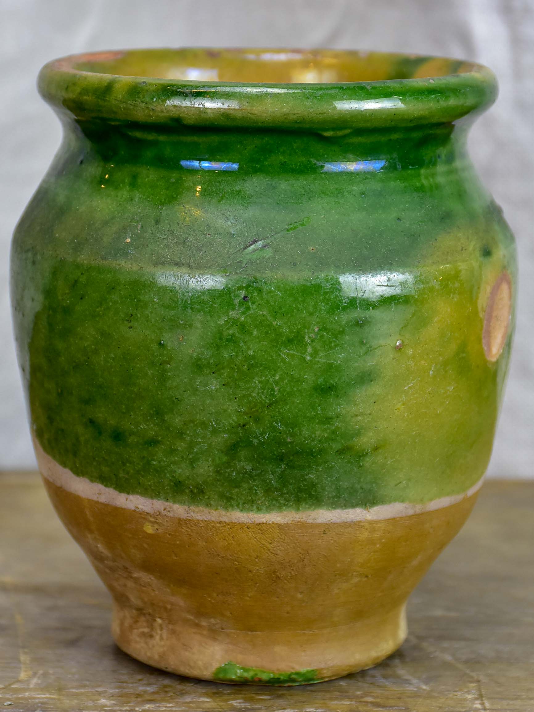 Very small antique French confit pot with green glaze 5 ¼''