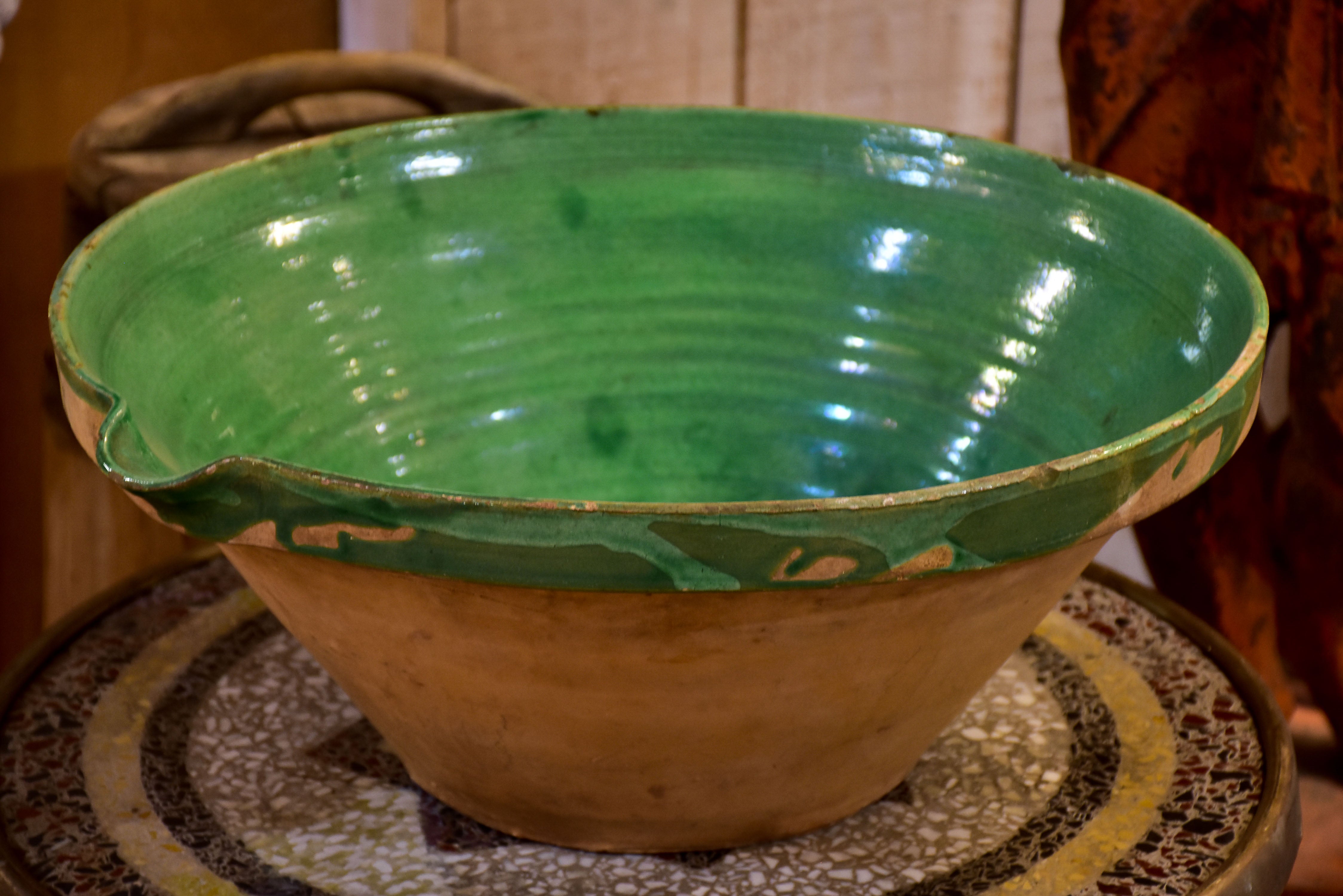 Large French preserving bowl with green glaze