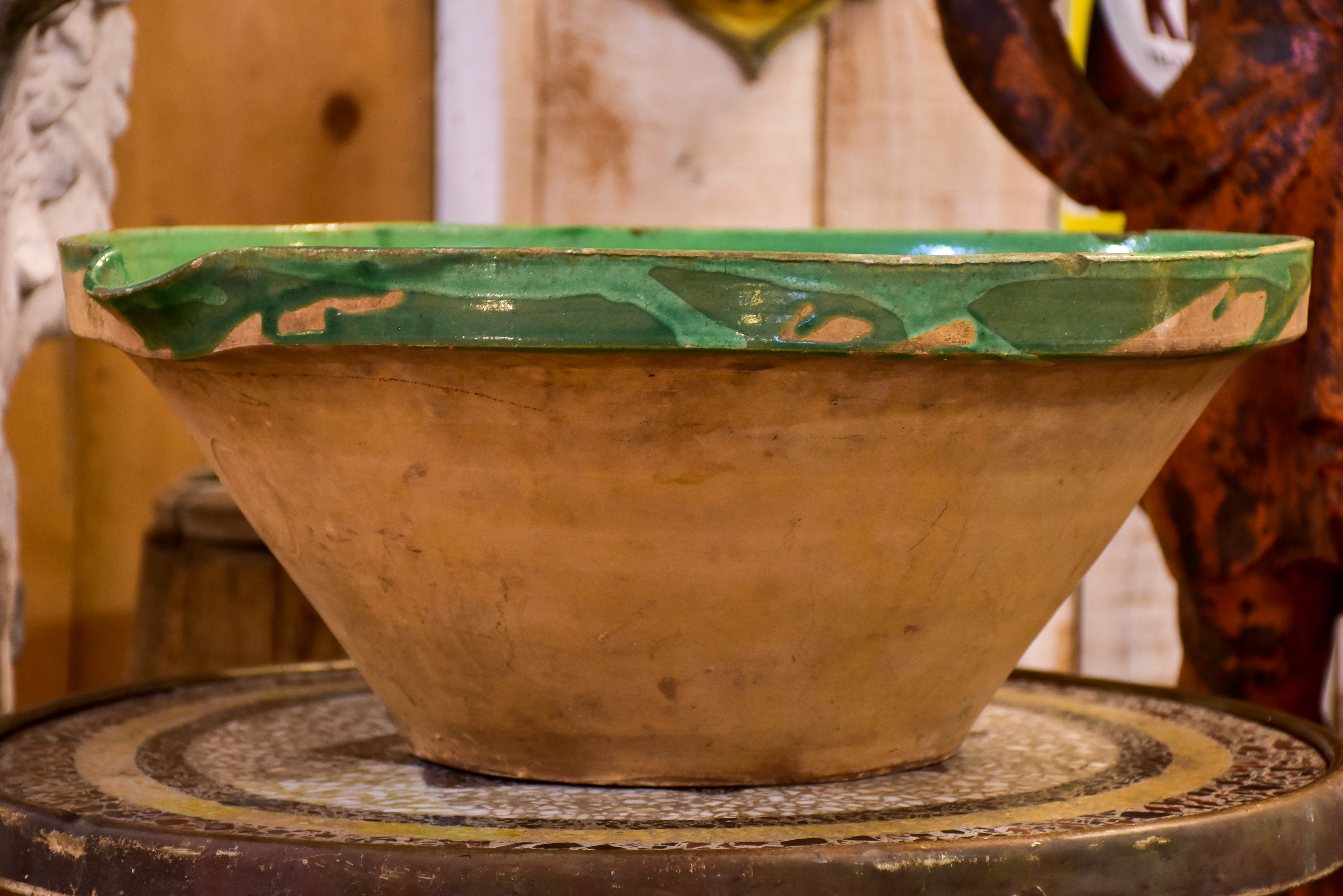 Large French preserving bowl with green glaze