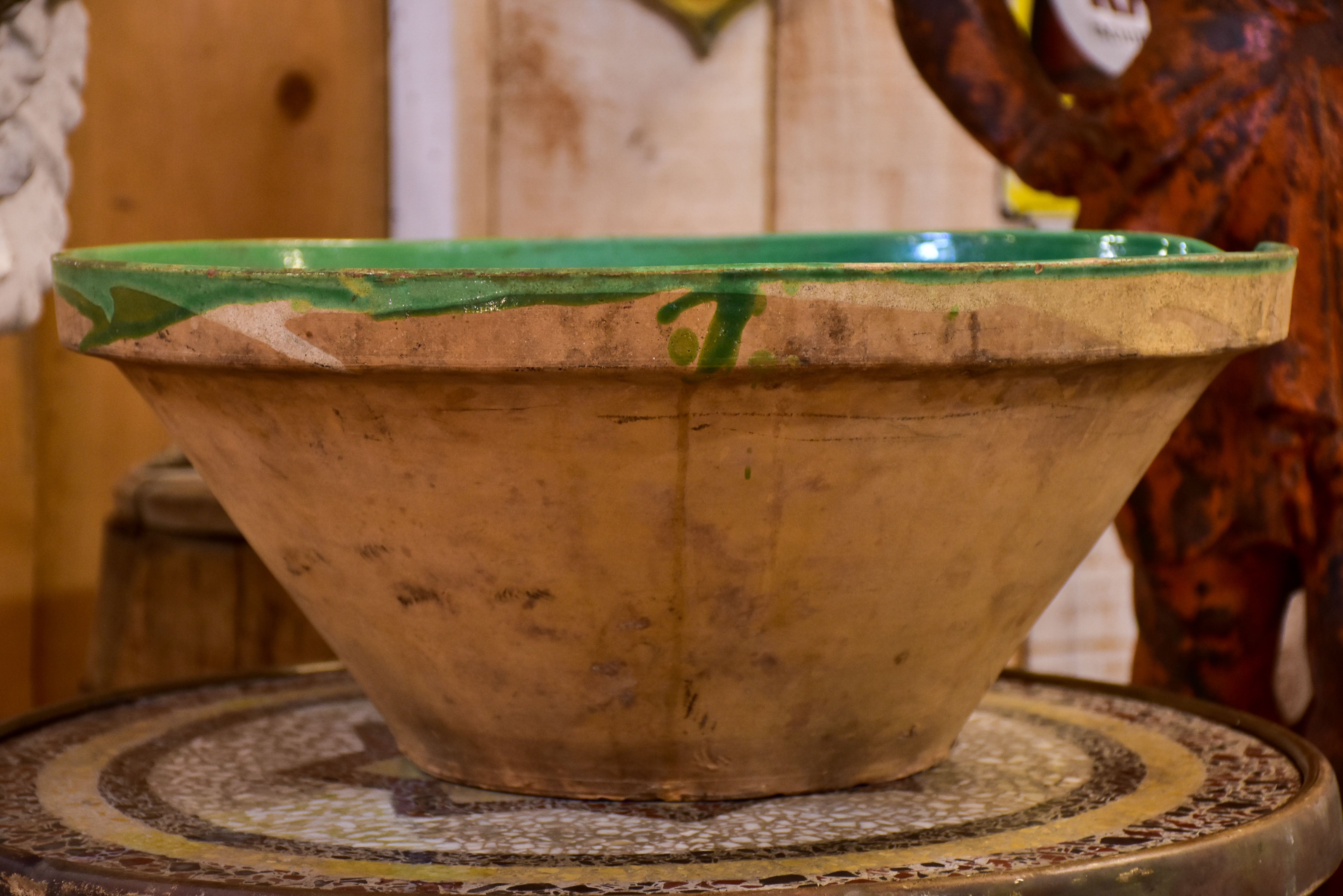 Large French preserving bowl with green glaze