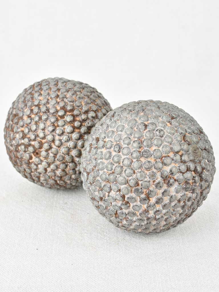 Antique French petanque balls with shell pattern 4"