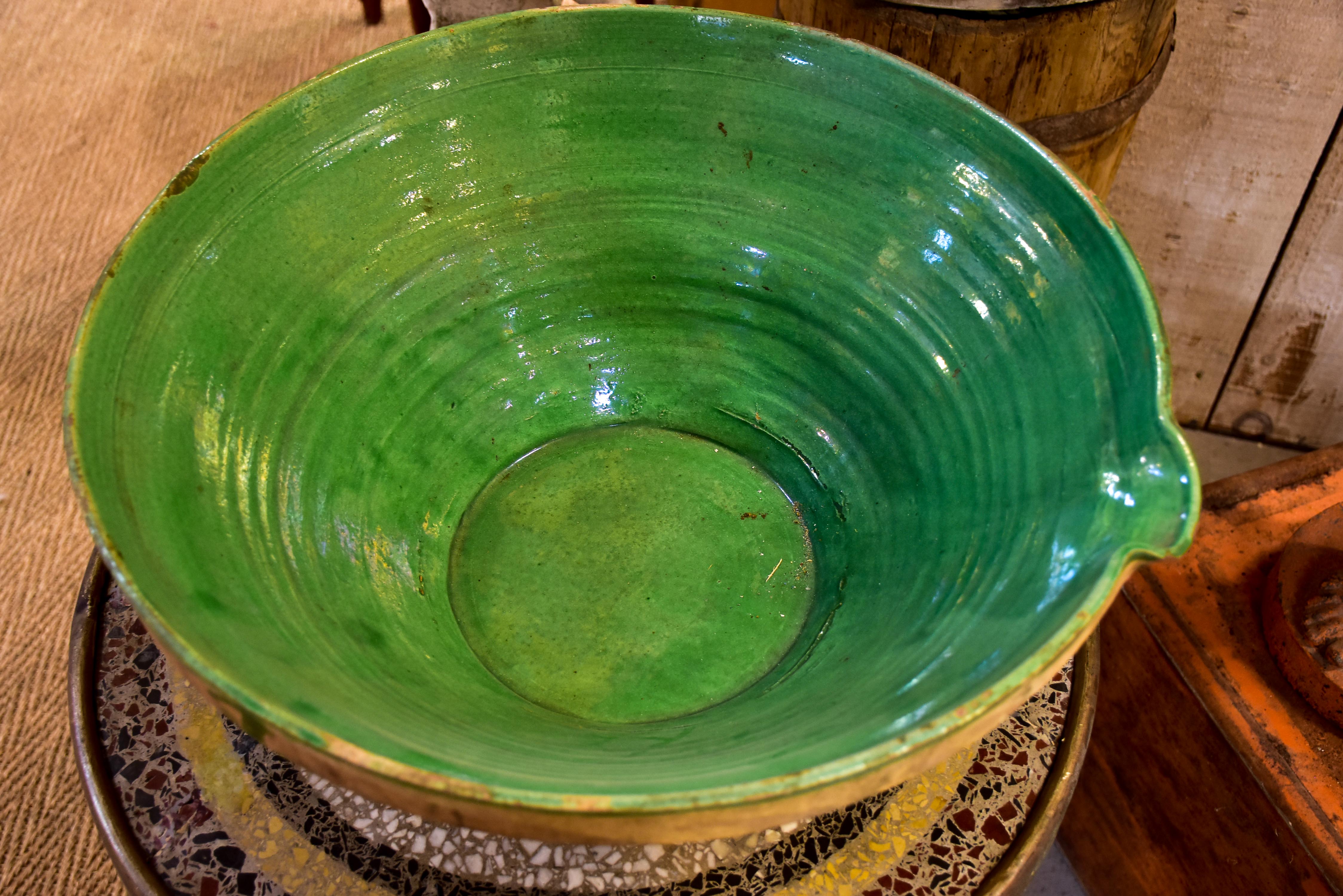 Large French preserving bowl with green glaze