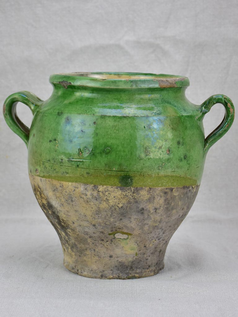 Antique French confit pot half green glaze 10¼"