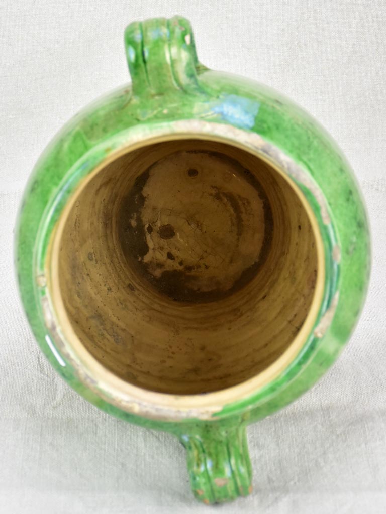 Antique French confit pot half green glaze 10¼"