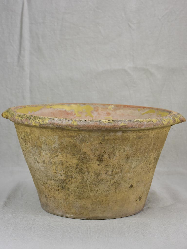 Large deep antique French mixing bowl / tian with yellow glaze 14½"