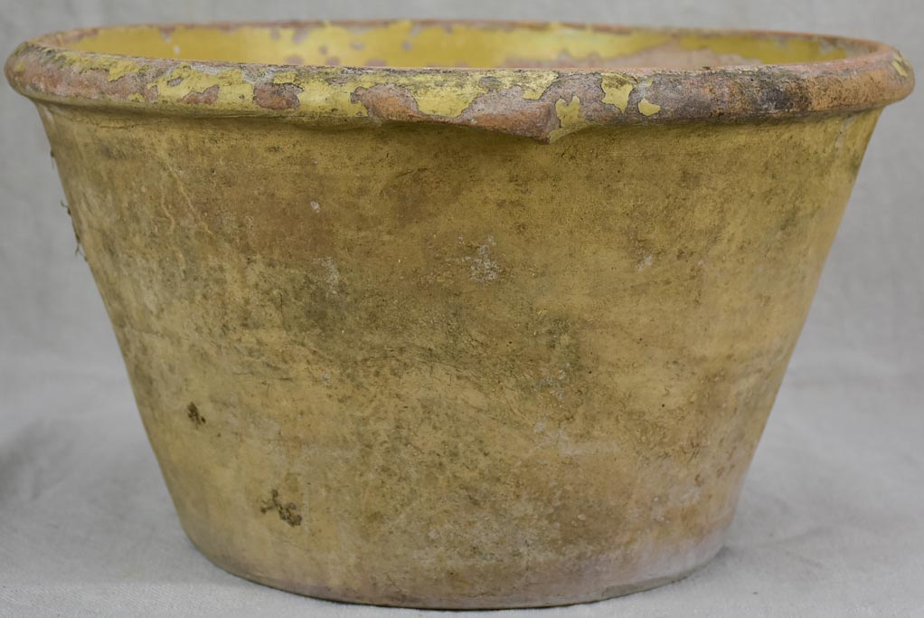 Large deep antique French mixing bowl / tian with yellow glaze 14½"