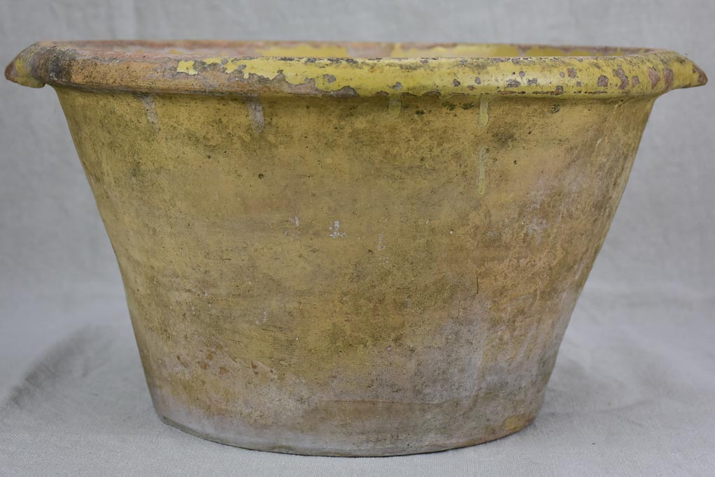 Large deep antique French mixing bowl / tian with yellow glaze 14½"