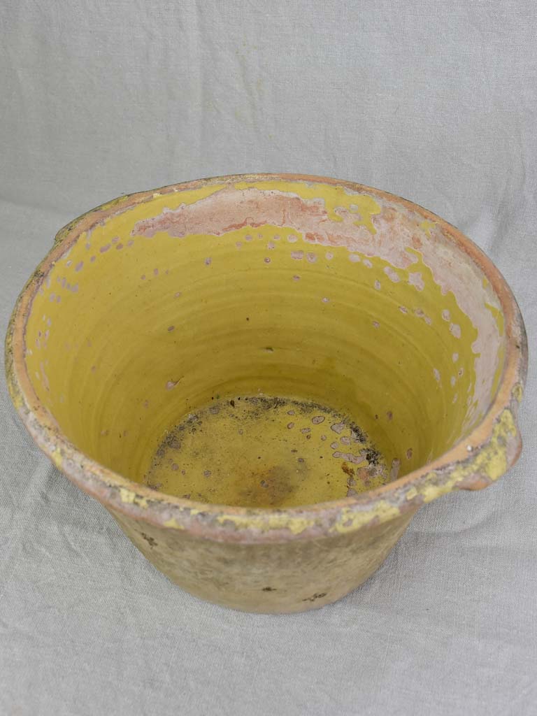 Large deep antique French mixing bowl / tian with yellow glaze 14½"