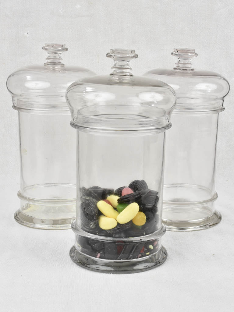 3 antique French lidded glass candy jars - 12¼"