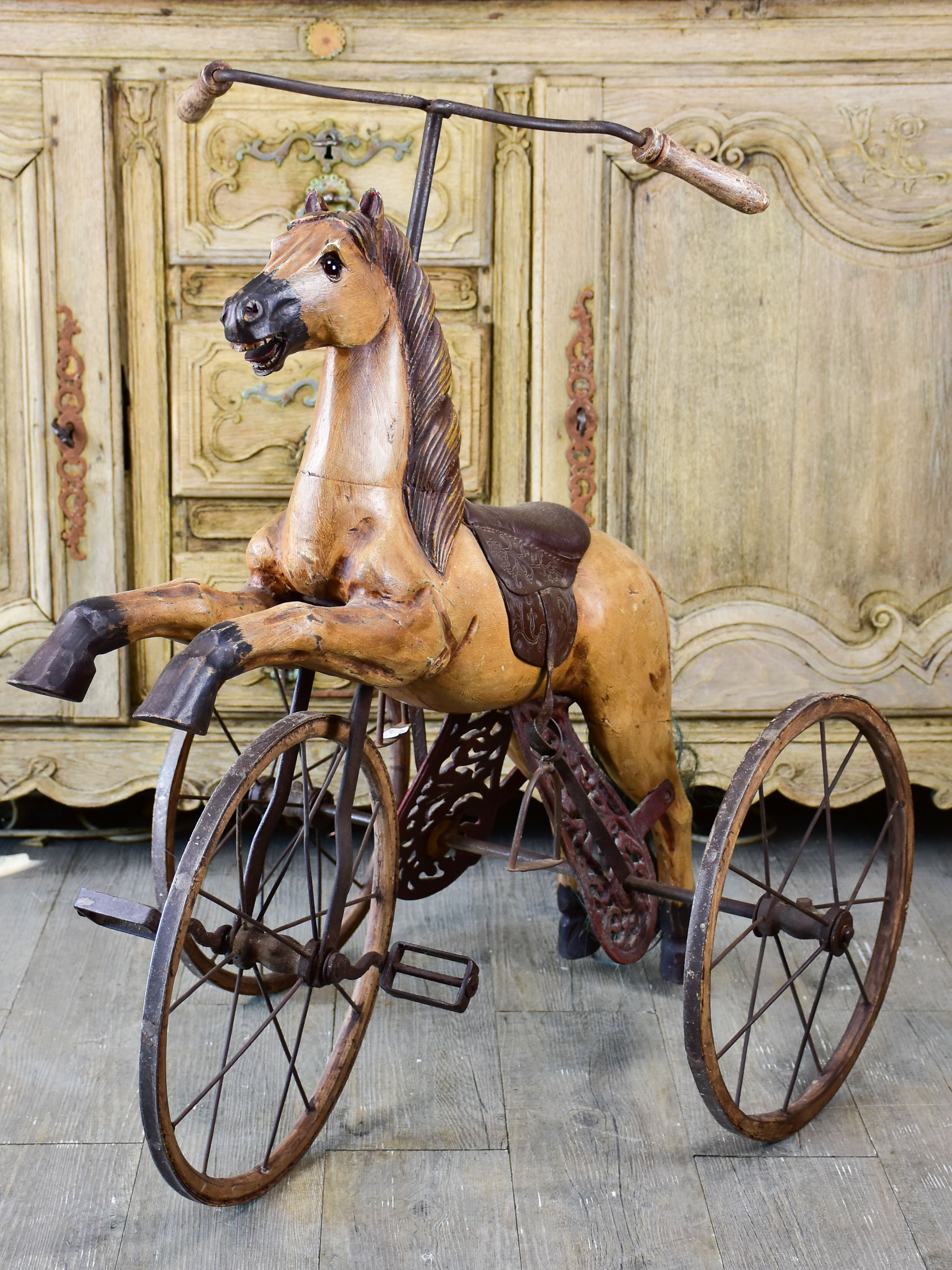 Antique French toy horse tricycle