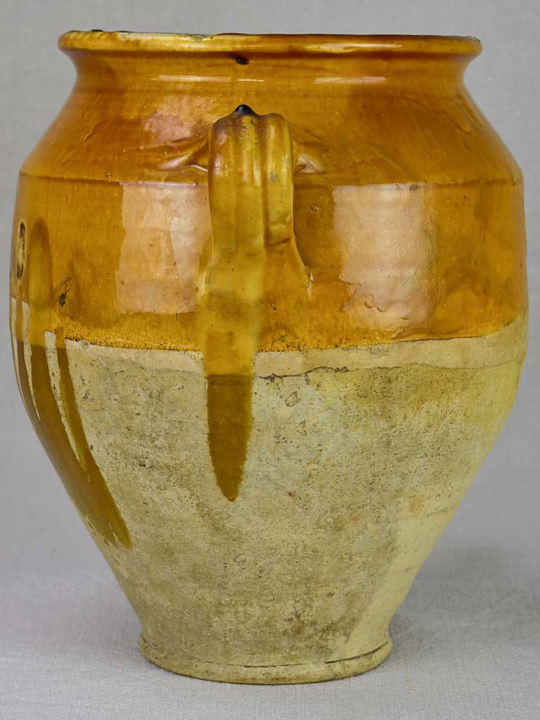 Large antique French confit pot with yellow / orange glaze 11¾"