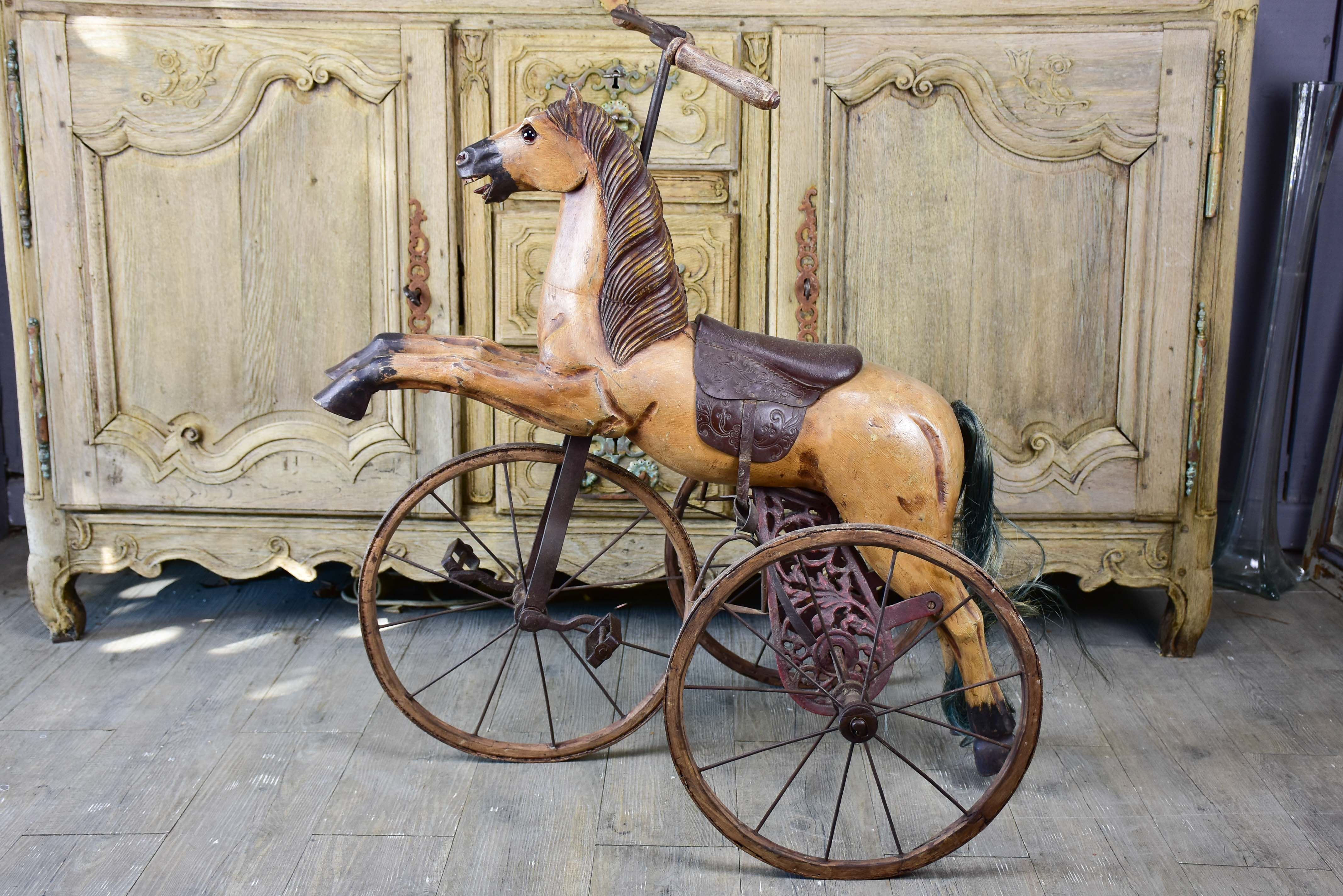 Antique French toy horse tricycle