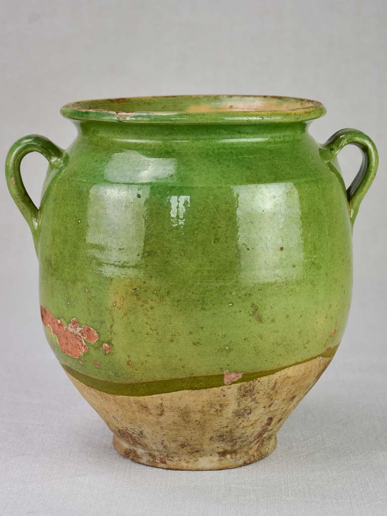 Antique French confit pot with green glaze 9½"