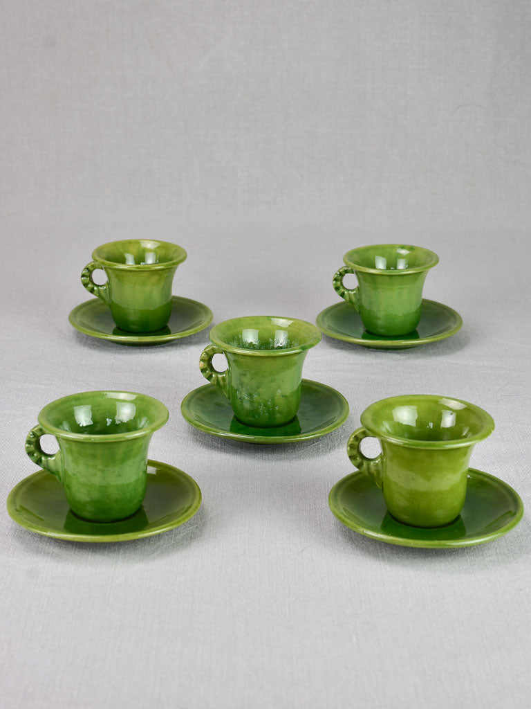 Five mid century French cups and saucers with green glaze - Biot