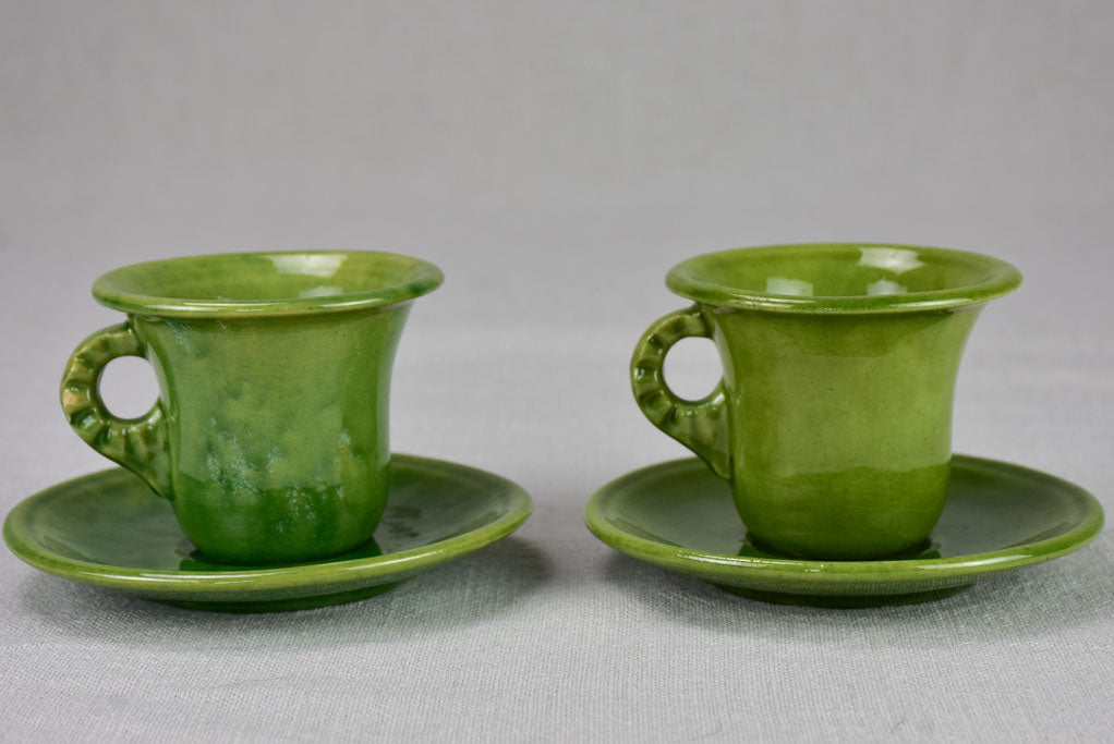 Five mid century French cups and saucers with green glaze - Biot