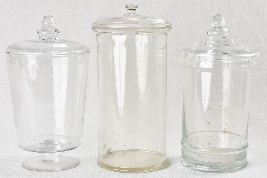 Collection of 3 antique lidded apothecary glass jars 14"