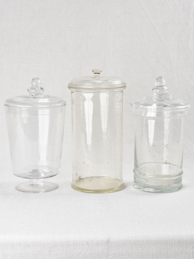 Collection of 3 antique lidded apothecary glass jars 14"